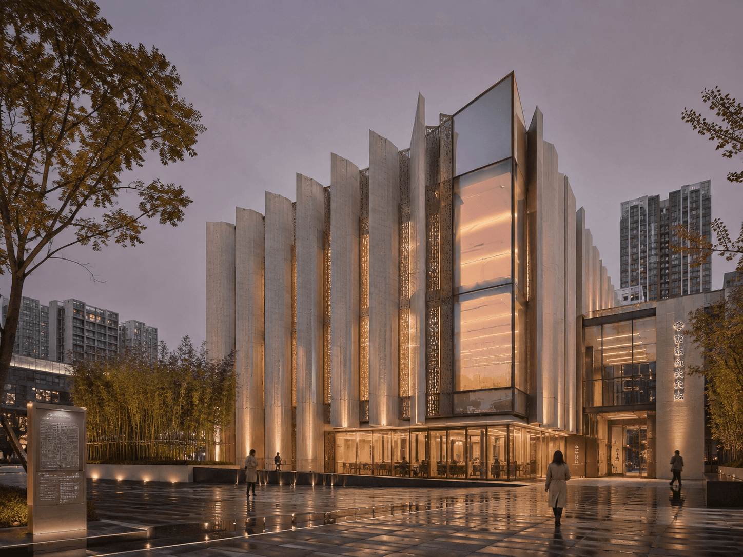 The building rendered photorealistically at dusk