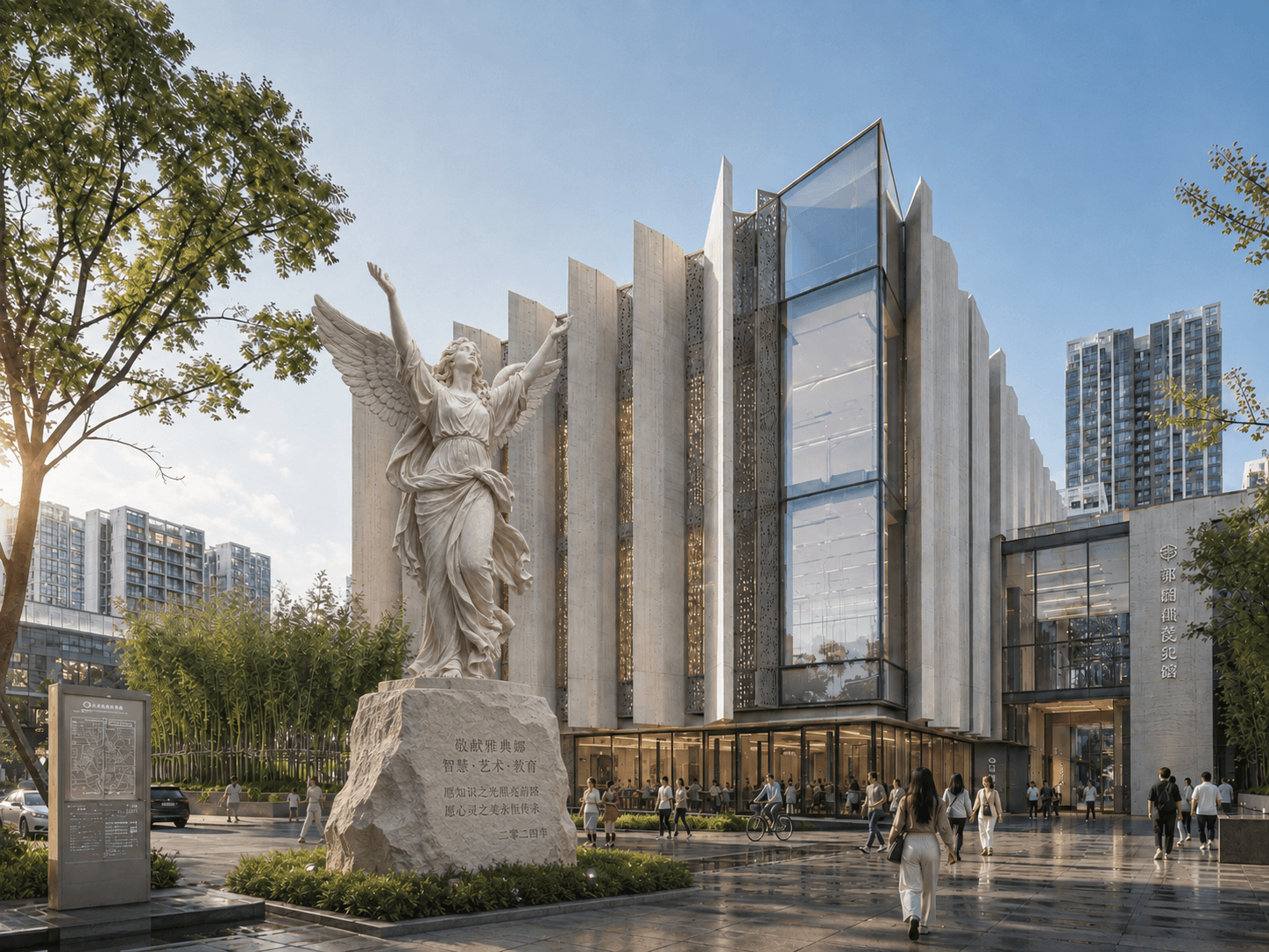 The same view with the marble sculpture inserted on a plinth in the plaza