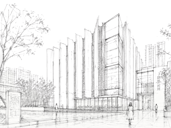 A hand-drawn line sketch of the building