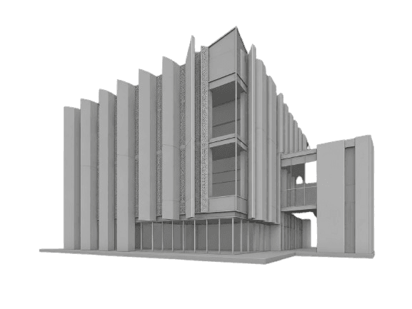 A clay viewport capture of the untextured building model